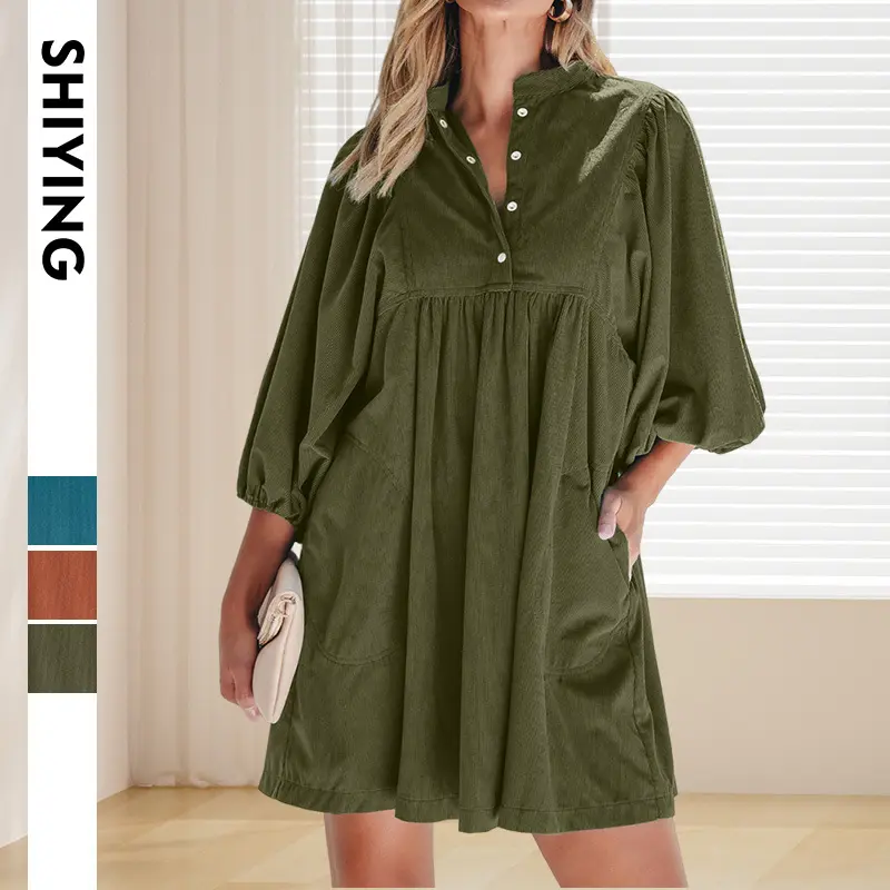 Solid Color Corduroy Dress, New Autumn Style for Export, Loose Fit, Slimming Effect, High Waist Short Dress