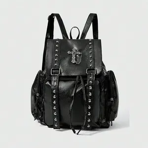 Women's PU Leather Punk Backpack: Studs, Cross Pendant, Large Capacity Biker Style Bag