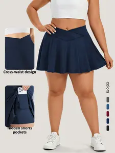Women's Plus Size High-Waisted A-Line Skirt, Cross Waist Design, Safety Pants, Pockets, Sports Skirt, Tennis Skirt, Casual Summer Fashion, Active Skort Skirt