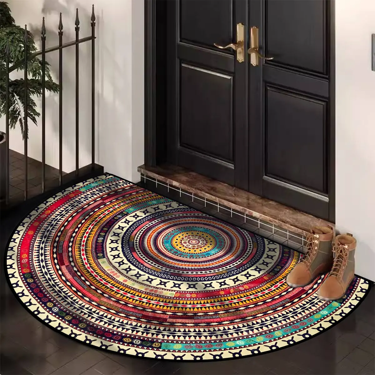 Bohemian Style Half Round Rug, Boho Area Rug, Decorative Area Rug, Bohemian Style Rugs, Household Decorative Rug, Soft Comfortable Home Decor Mat, Easy to Clean Non-Shaggy Door Mat for Entry Living Room Bedroom