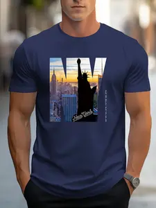 Men's Simple Cityscape Print T-Shirt, Casual Loose-Fitting Short Top, Geometric Pattern, All Seasons, No Zipper or Button