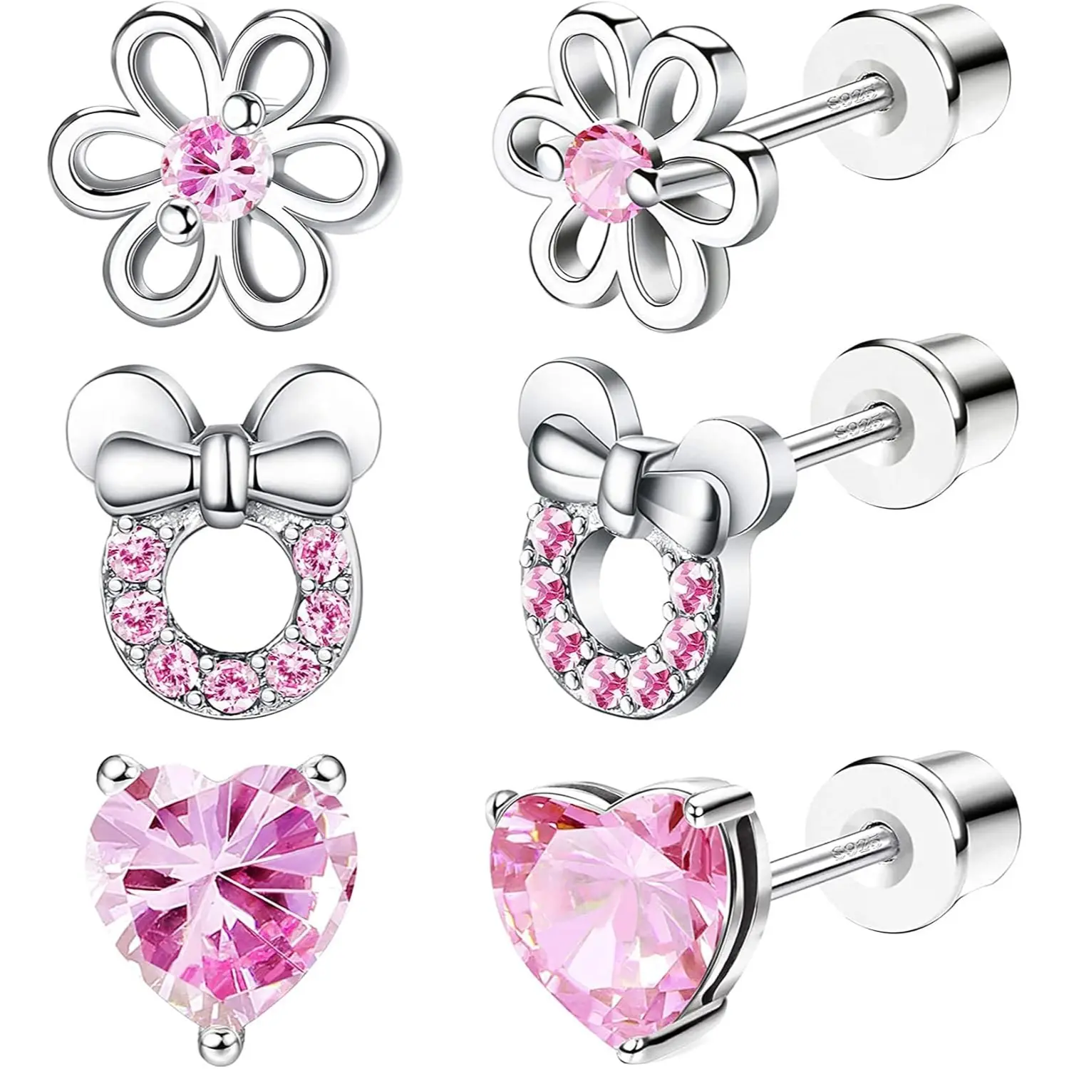 FUNRUN 3 Pairs S925 Sterling Silver Post Pink CZ Stud Earrings Set for Girls & Toddlers | Hypoallergenic Kids Screw Back Earrings | Cute Daisy, Heart & Mouse Princess Jewelry Pack for Sensitive Ears