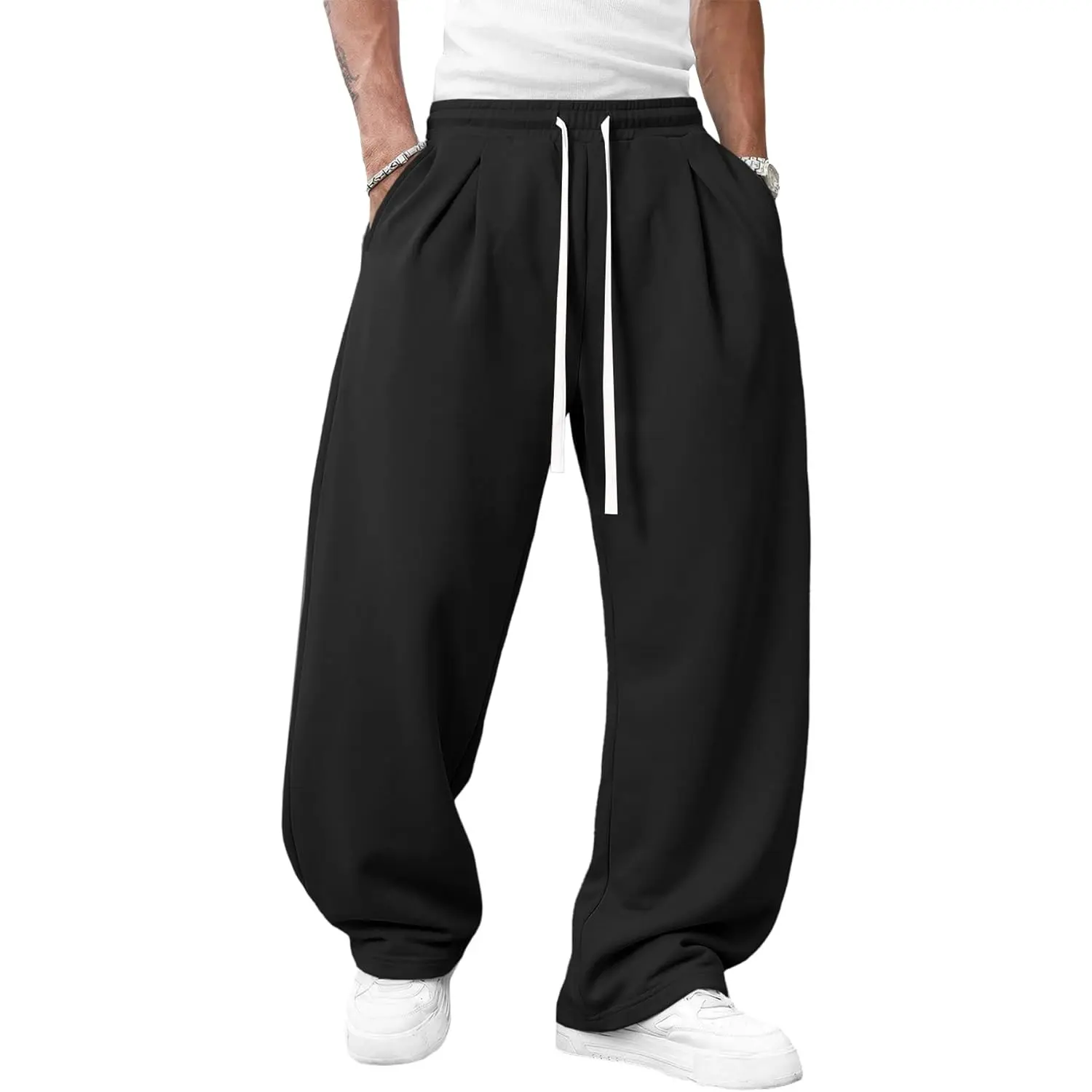 Runcati Mens Casual Sweatpants Wide Leg Drawstring Elastic Waist Open Bottom Lounge Joggers Baggy Workout Track Pants