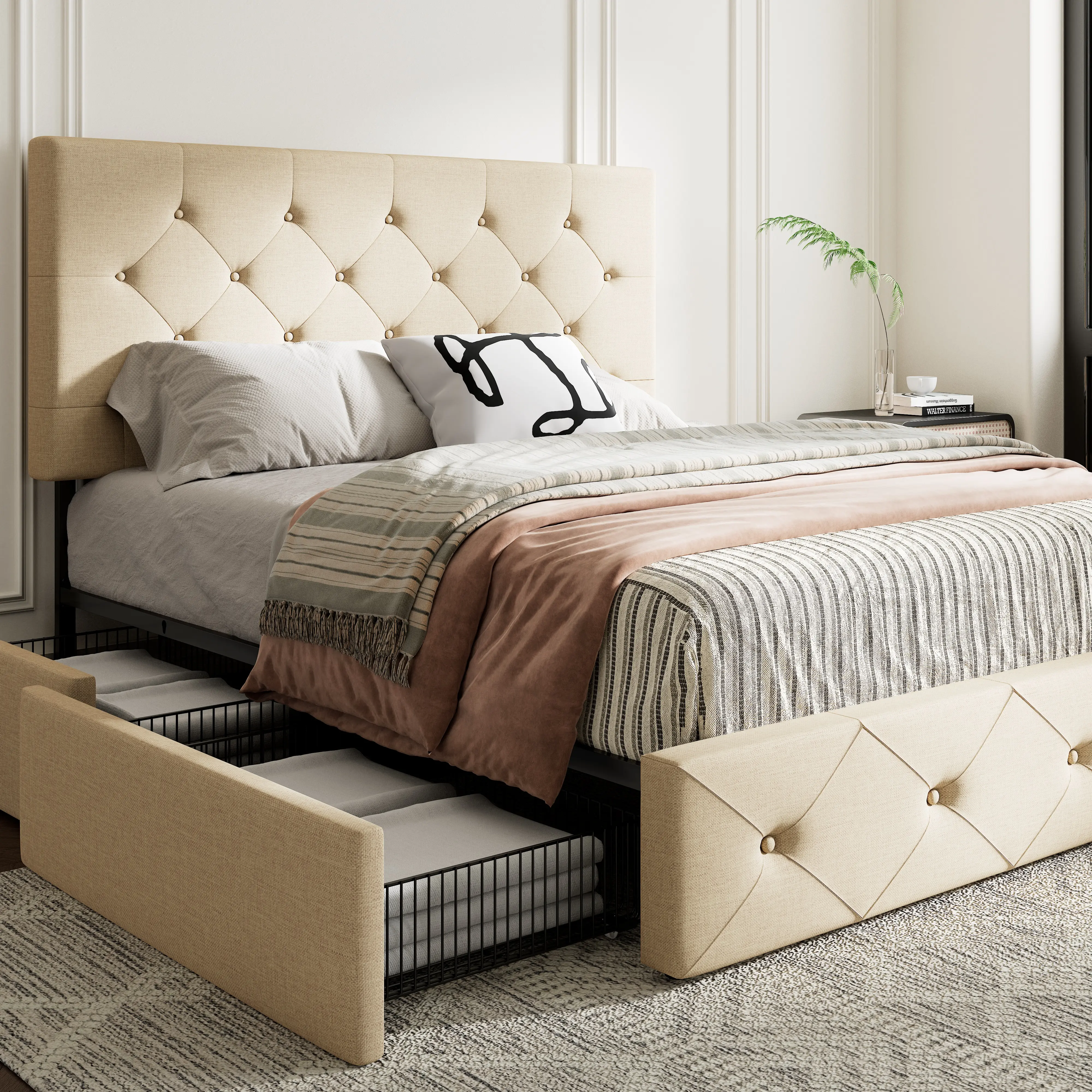 MUTICOR 4-Drawer Storage Upholstered Bed Frame, Linen or PU Leather, Tufted Headboard,Full/King/Queen Bed Frame, No Box Spring Needed#TikTokShopDealsforYouDays#DealsforYouDays#Summervibes#Summergarden