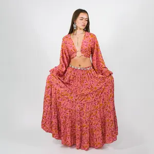 Karma Nepal Crafts Dreamy Two-Piece Set with Flowy Tiered Skirt & Wrap Top Ruffle Sleeves Whimsical Paisley Print for Festivals & Everyday Wear