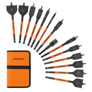#Summervibes Jorgensen 14-Pack Spade Drill Bit Set with Quick-Load Connector, High-Performance Carbon Steel Paddle Bits for Woodworking, Self-Feeding Threaded Tip, Assorted Bits 1/4" to 1-1/2" with Storage Pouch