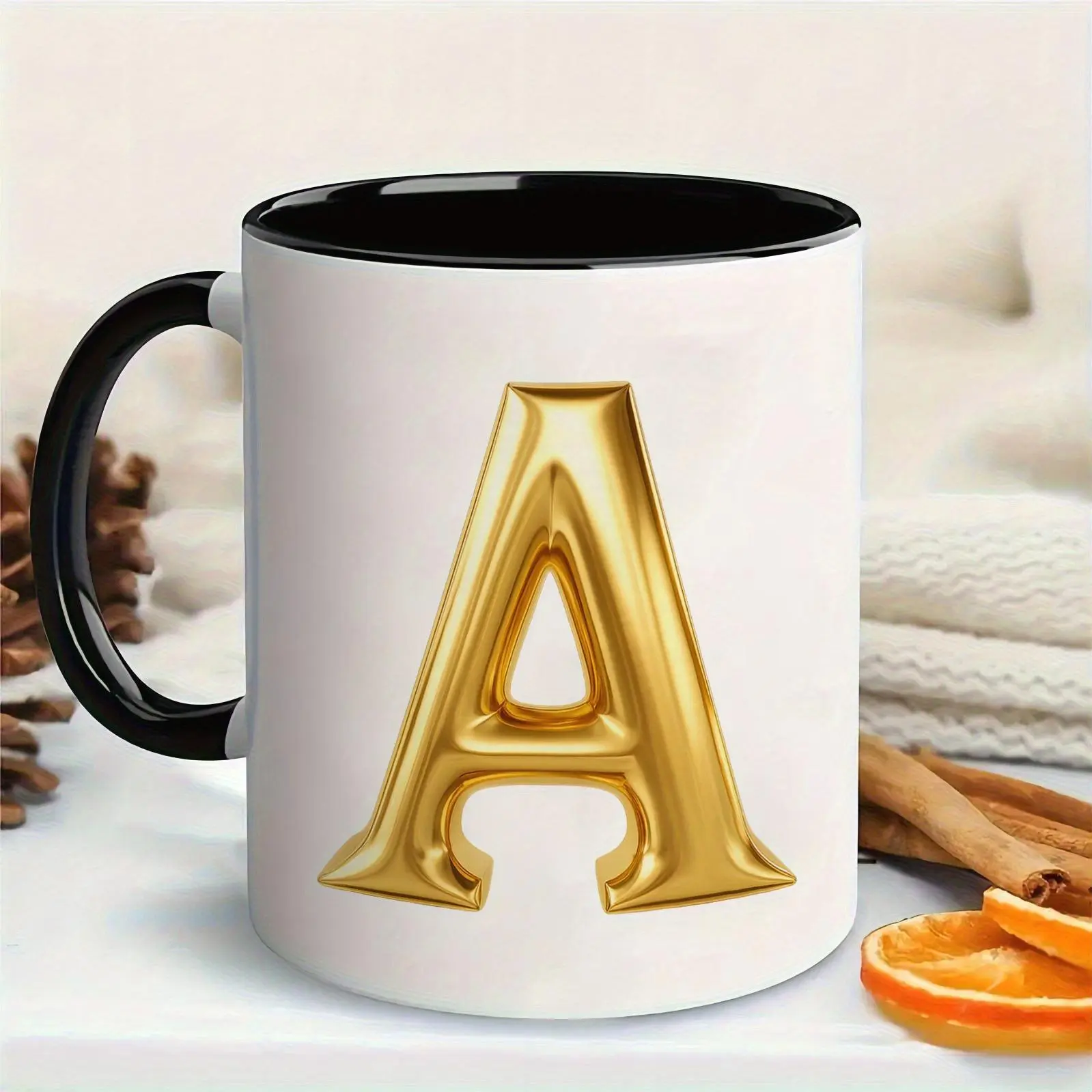 1pc  Golden Monogram Coffee Mug A-Z Initials - Name Ceramic Cup with Glossy Finish, Elegant Gift for &, for Birthdays, Christmas, Graduation, Housewarming - 11oz Daily Use & Office Desk Decor Suitable for Christmas, Birthdays, Graduation