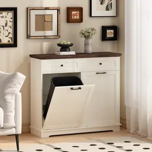 [Bellemave]20 Gallon Double Tilt Out Trash Can Cabinet Freestanding Trash Bin Cabinet Wood Garbage Recycling Cabinet with Hideaway Drawer Pet Proof Trash Can Holder for Kitchen Living Room, Antique White