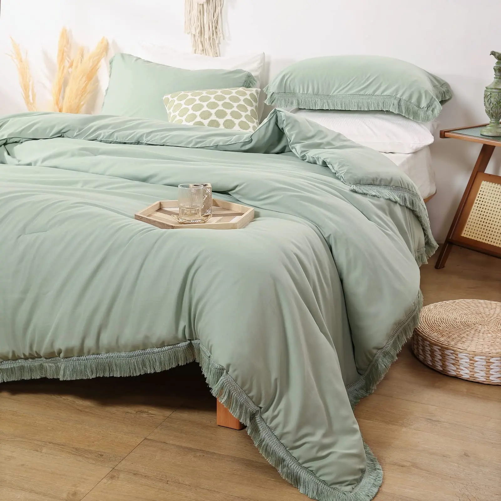 Comforter Set Queen Size Terracotta 3 Pcs Boho Fringe Tufted Soft Microfiber Bedding Sets, Tassel Burnt Orange Comforter Sets for All Season (1 Comforter + 2