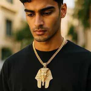 MaxBling81 Unisex Egypt King Tut Pharaoh Gold Plated Large Pendant & Multi-Size 6mm Cuban Chain Necklace - Gold Statement Chain, 20"/24"/30" Lengths, Hip Hop Style, Metal Coating, Casual Daily Costume Jewelry, Multi-Size Chain