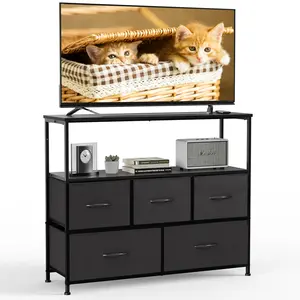 Modern TV Stand Dresser, 5-Fabric-Drawer Entertainment Center, Media Console Table with Open Storage Shelf for TV