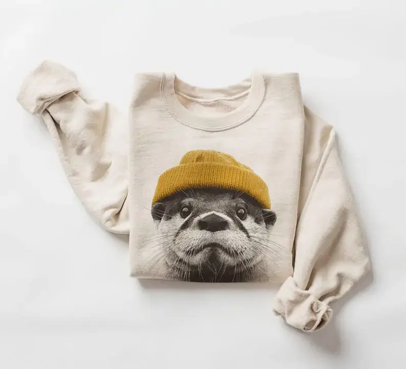 Retro River Otter Beanie Sweatshirt, Vintage Cozy Forest Animal Crewneck Pullover Print Tee, Andrew Clothings