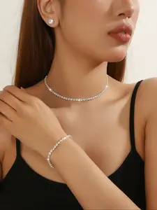 Elegant Bridal Wedding Jewelry Set, Sparkling Claw Chain Series, Includes Earrings Necklace Bracelet, Affordable Glass Products