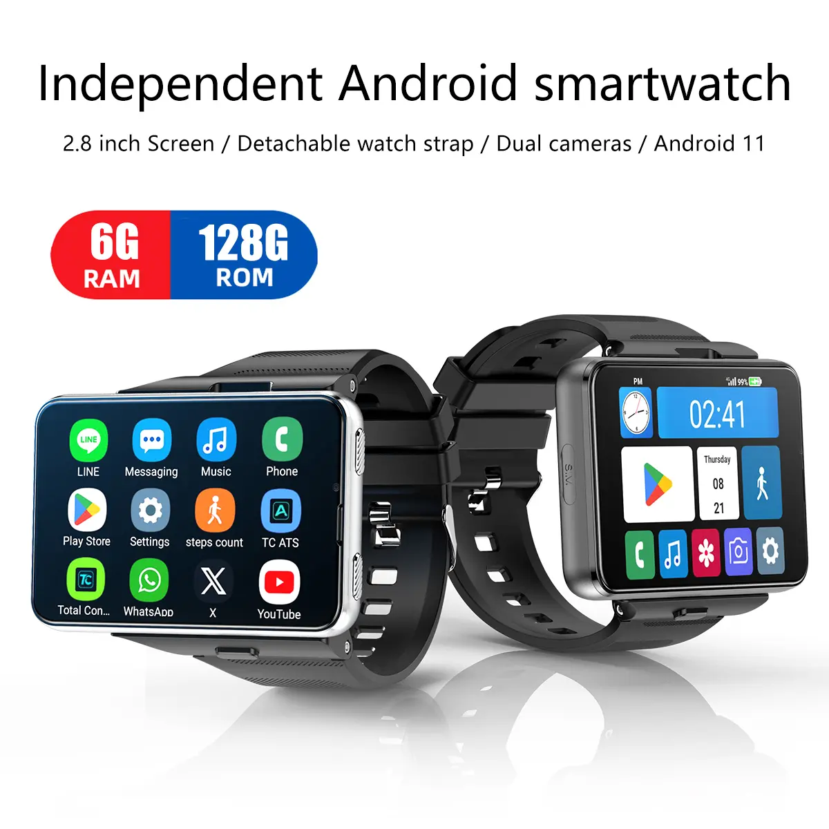 2.8inch Big Screen Android Smartwatch with 128G Storage Dual Cameras GPS WiFi Call & Message Detachable Strap Independent Use