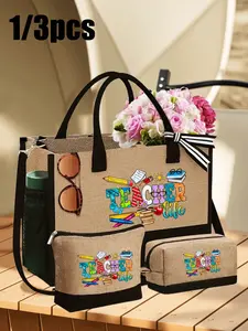 Makeup Bag Set with Teacher Letter Design, Reusable Shopping Tote, Cosmetic Pouch and Makeup Bag, Personalized Gift Bag, Beach Bag, Holiday Gifts