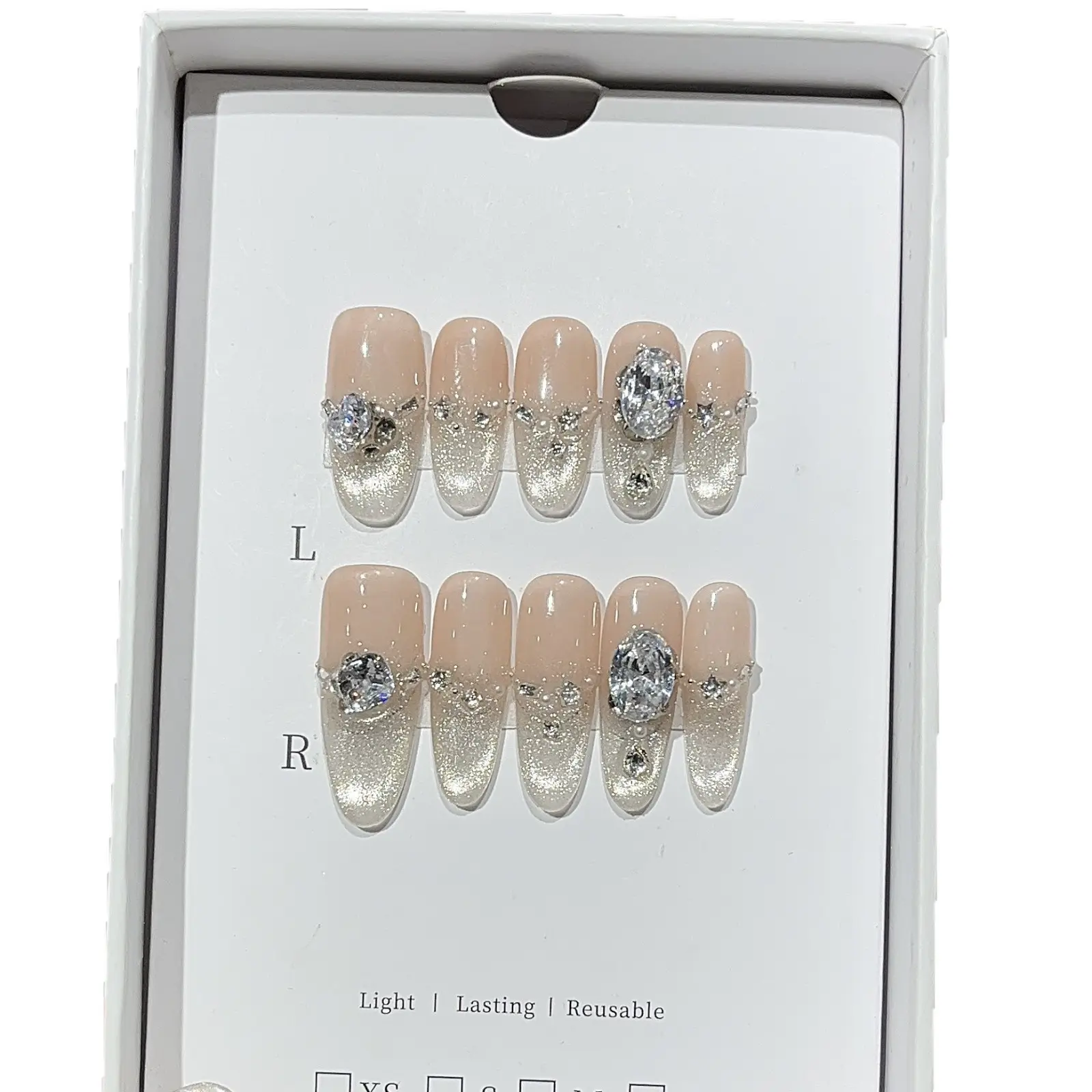 Press-on Nails, Acrylic Plastic Stickers, Irregular K9 Zircon Pearl Chain, Sparkling Glass Beads, Water-Glow Nude Gradient Halo Details, Glossy Oval Detachable Reusable Artificial Nails