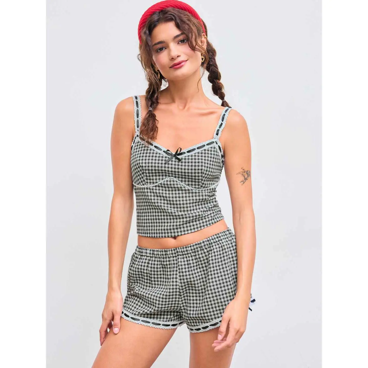 Cider [size 2-10] Cotton-blend V-neck Gingham Bowknot Lace Tirm Cami Top & Low Rise Shorts Set