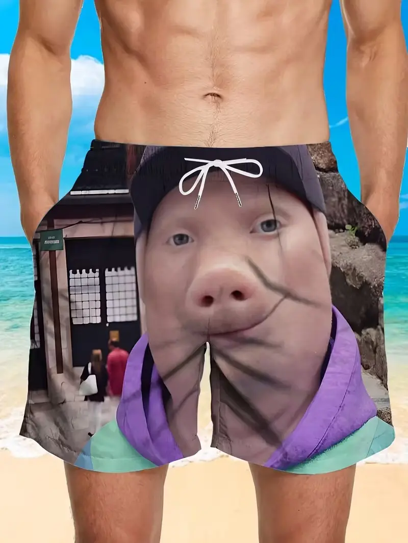 John Pork Fashion Cool Style Men's Beach Shorts Swim Trunks Quick-Dry Casual Printed Swim Shorts with Pockets and Drawstring