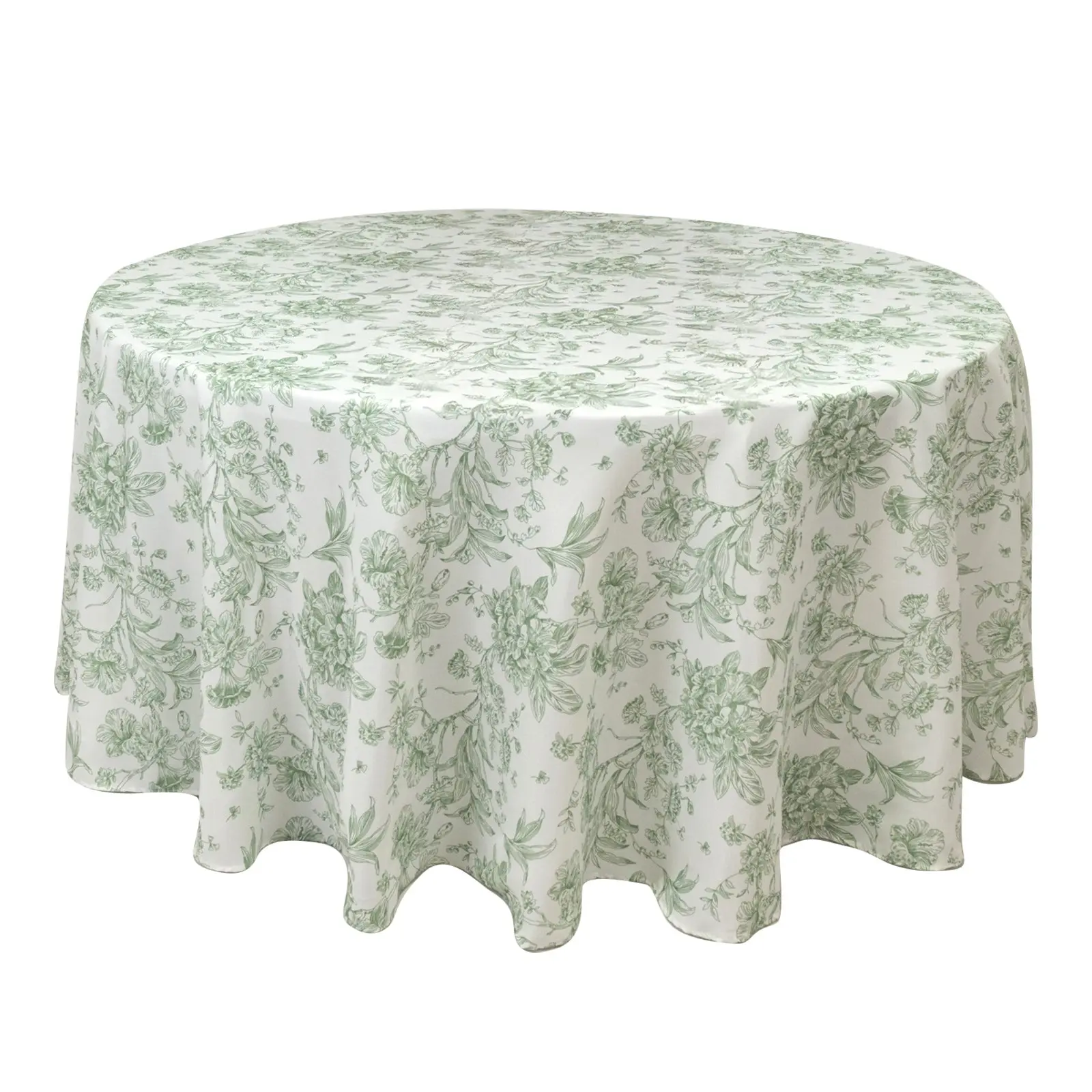 120" Round Polyester Romantic Tablecloth - White with Dusty Sage Green French Toile Pattern for Chic Weddings, Outdoor Table Decor, Romantic Tablecloths