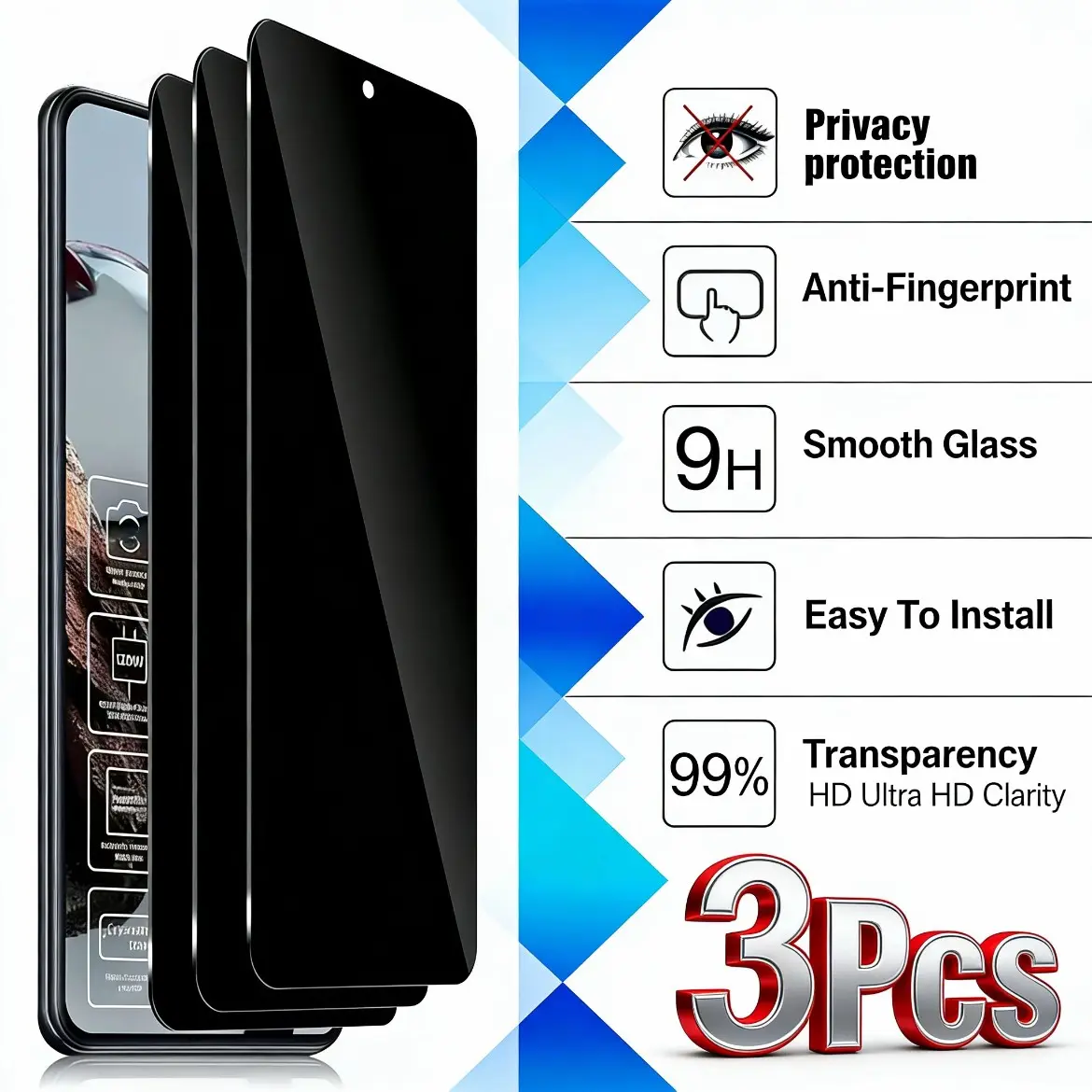 3pcs Privacy Shield Anti-Spy Protective Shatterproof Tempered Glass Screen Protector Cover Film for Samsung Galaxy a Series Smartphone, Protection, Fingerprint Resistant, Touch Sensitive, Easy Installation, Accessories