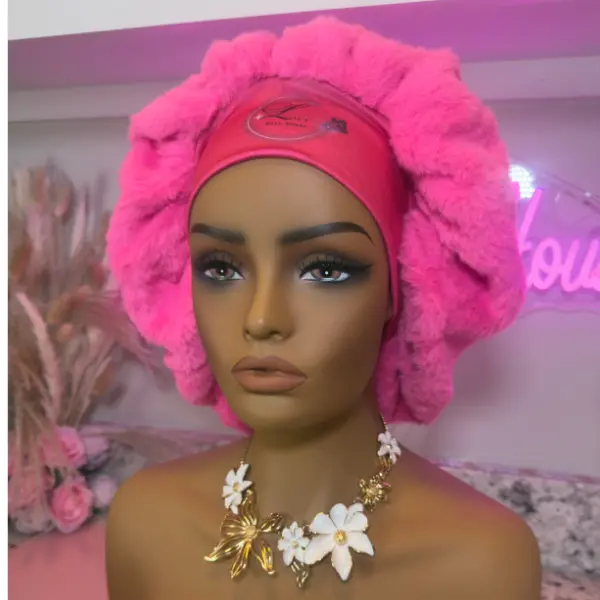 Adult Satin Thermal Hair Cap - Adjustable Satin Bonnet, Pink Cotton Candy Fur Exterior, Lightweight All-Day Wear, Plush Warm, Pastel Hue, Elegant Cold Weather Bathroom Accessory, Portable, Shower to Sleep-Ready, Frizz Stays Down, Fur+Satin