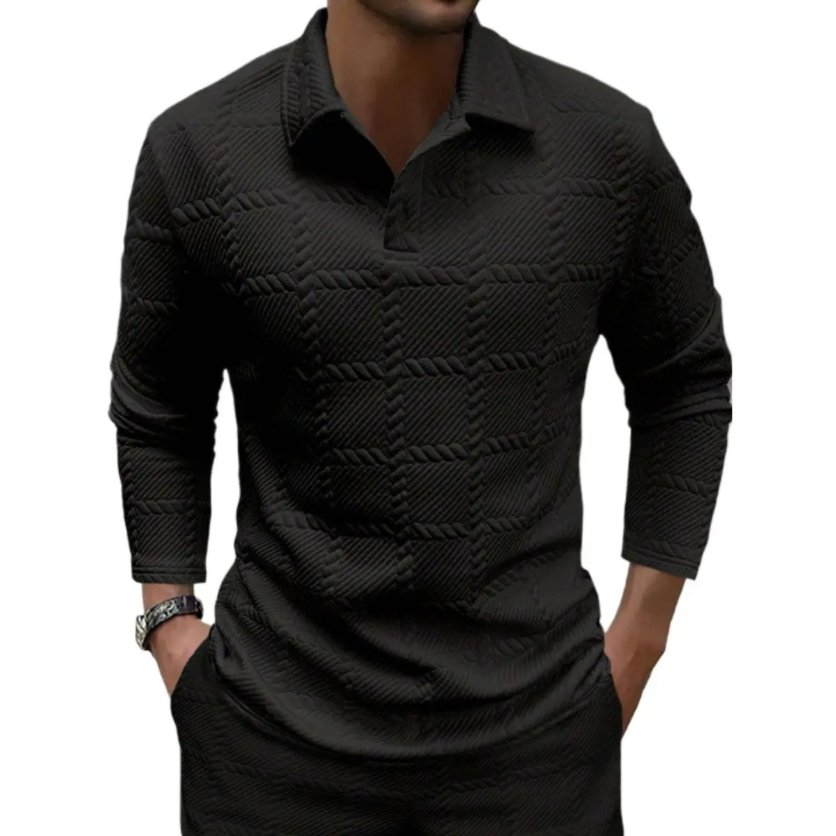 Spring and Autumn men's textured fabric long sleeved solid color texture polo shirt, with a collar and stripe design, suitable for wearing in spring and autumn, very suitable for daily casual dating wear, versatile sports autumn clothing men's top