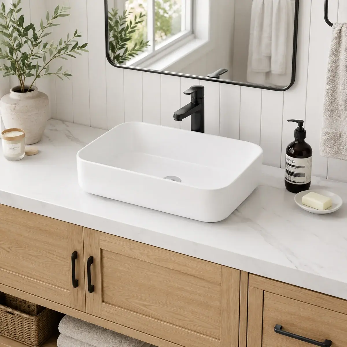 Kichae 20" x 15" Rectangular White Ceramic Vessel Sink, Rounded Corner Above Counter Bathroom Vanity Sink for Modern Farmhouse & Coastal Bathroom Renovation