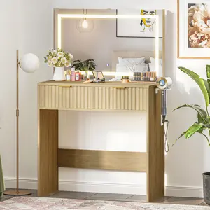 Fluted Vanity Desk with Large LED Lighted Mirror - 3-Color Adjustable Lighting - 2 Drawers - Power Outlet & USB Ports - Hair Dryer Holder - Modern Oak Makeup Table with Storage for Bedroom, Ideal for Women and Girls