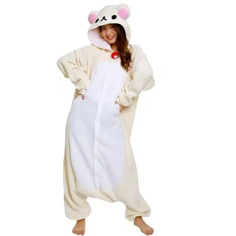 Adult Rilakkuma Kigurumi Onesie Nightwear - Long-Sleeve Holiday Casual Pajama Set for Kawaii Lovers, Button-Front Loungewear with Slippers, Bear Unicorn Halloween Christmas Designs, No Battery Needed, Cartoon Theme
