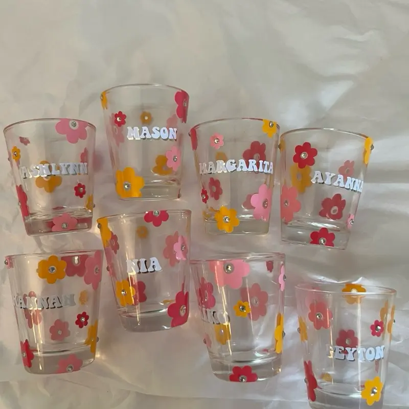 Custom Shot Glass with Personalized Names and Floral Designs Unique Drinkware Collection for Bachelorette, Gift, 21st Birthday and more