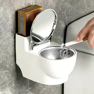 1pc Premium Thick Metal-Plastic Toilet-Shaped Ashtray - White & Golden, Dustproof with Lid, No-Drill Wall-Mounted Rectangle, Home Decor for Bathroom, Living Room, Luxurious Home Supplies Ornament