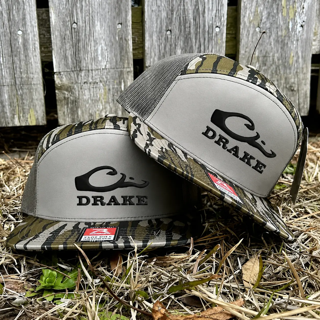 Drake Logo Camo Hat | 7 Panel Bottomland Trucker Cap | Snapback Hunting Hat