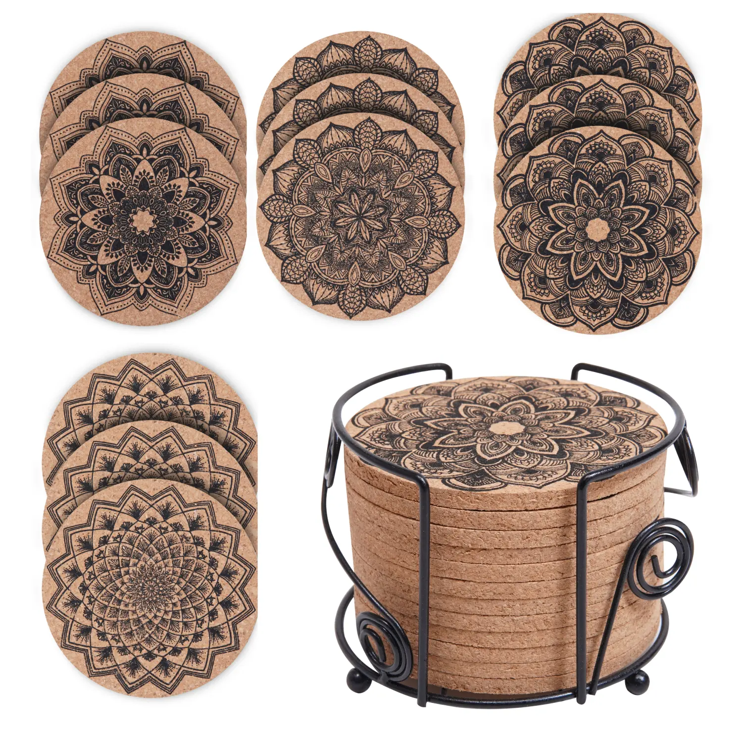 12-Pack BPA-Free Durable Round Cup Coasters Set with Holder - 4 Unique Mandala Designs, Kitchen Accessories, Tableware Accessory, Ideal Mother's Day Gift