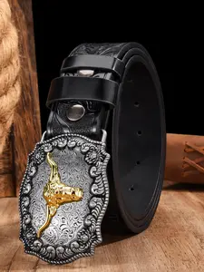 Men's Vintage Western Cowboy Belt, Western Concho Belts, Genuine Leather Bull Head Buckle, Retro Embossed Design, Unique Style Waistband for All Seasons