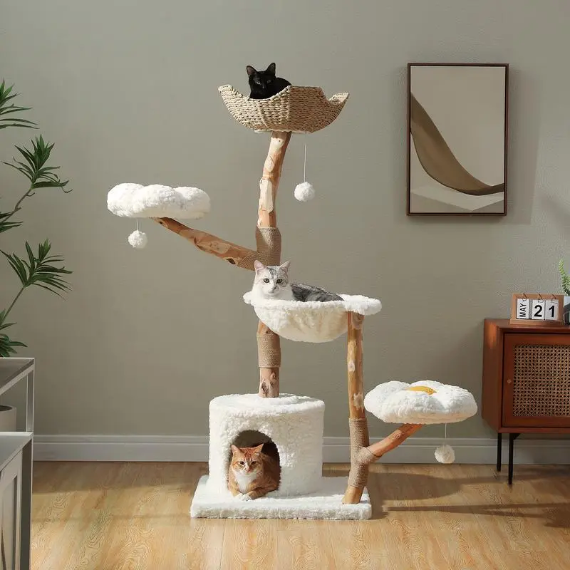 [Christmas Gift] 59-Inch Modern Luxury Natural Wood Cat Tree with Flower Top, Safe Hammock, Condo, Single Unit Indoor Pet Furniture, White Holiday Supply, Hammock Safe