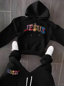 Men's stylish hoodie and pants set, featuring an American street style cross Jesus letter print, fashionable casual design with slight stretch and detailed pockets. Men's Clothing