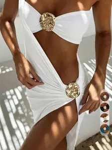 New Arrival Spring/Summer European And American Elegant Sexy Solid White 3-Piece Women Bikini Swimsuit With Dress, Beach Holiday Party Date, Bikini Skirt