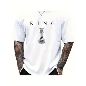 Menswear Top Unisex 200g 100% Cotton "KING" Graphic T-Shirt with Chess Piece Print, Crew Neck Short Sleeve Casual Tee, Regular Fit for All-Season Wear, Great Gift for Valentine’s, Father’s Day & Holidays