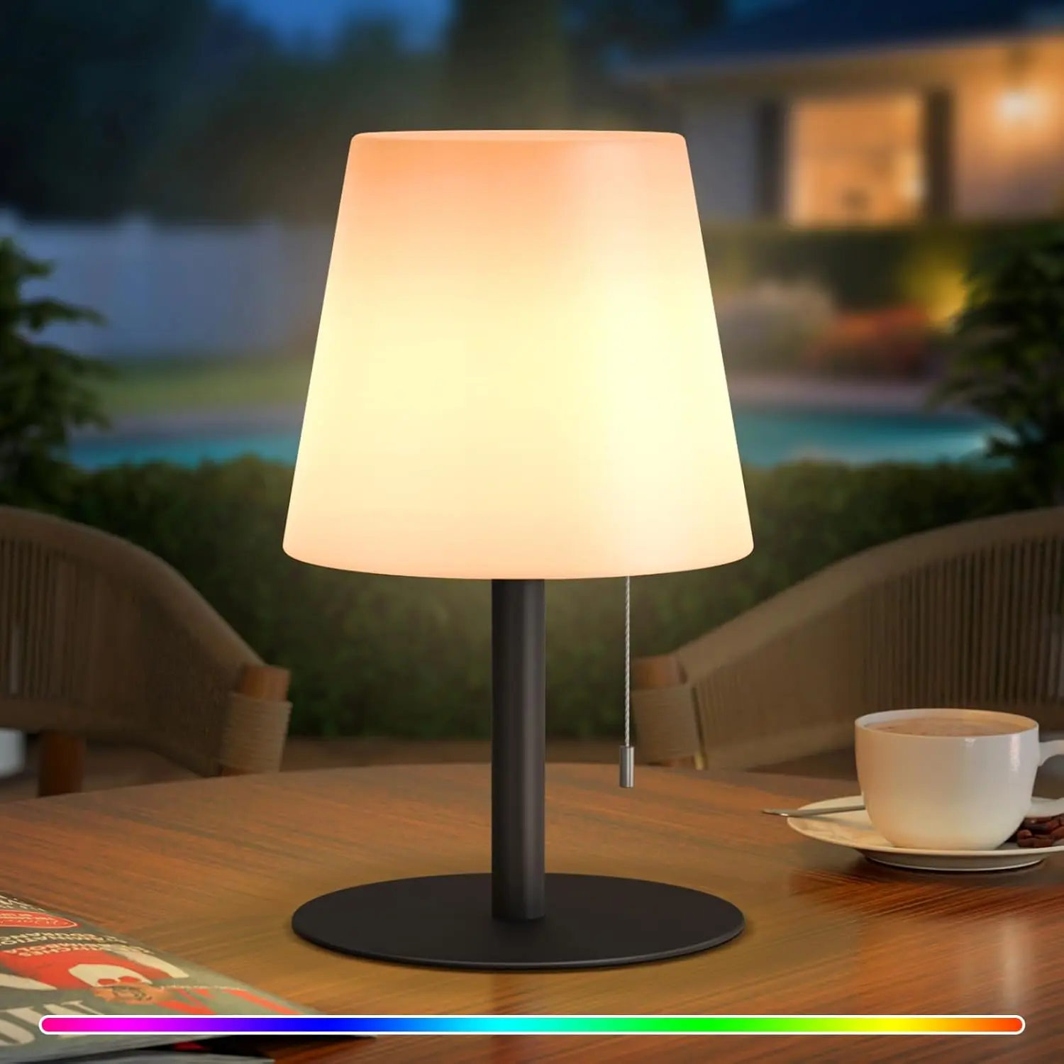 Shower Lamp Waterproof Shower Light Warm White & RGB Dimmable Rechargeable Table Lamp Cordless Night Light for Bathroom, Dining Room, Patio H9.8in, D6.3in (Black)