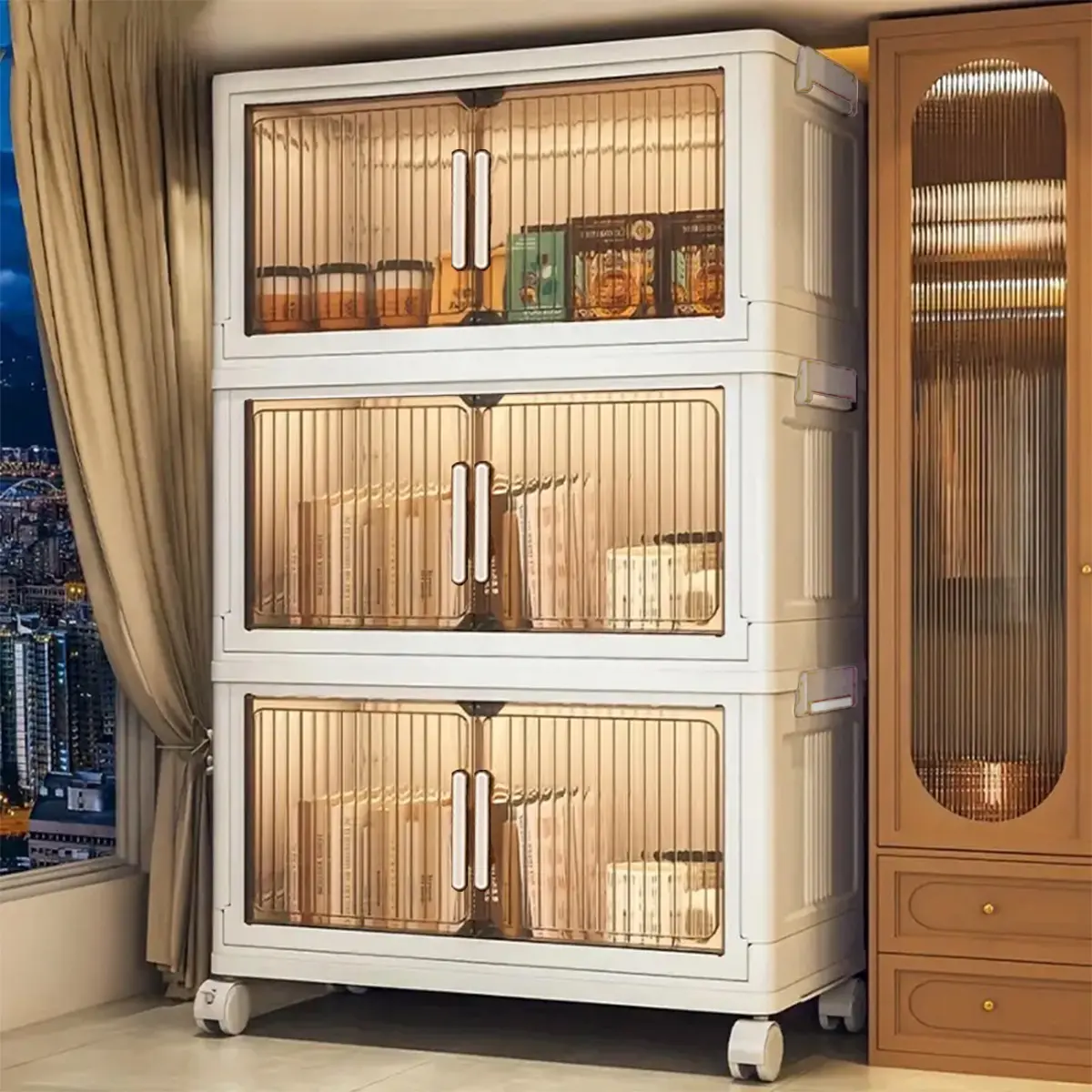 3/4 Tier Stackable Plastic Storage Cabinets with Lids, Large-capacity Foldable Wardrobe Organizers And Drawer Organizers, Multi-functional Rolling Storage Boxes with Handles for Home Use, Easy Assemble, for Storage In Homes, Offices, Dormitories