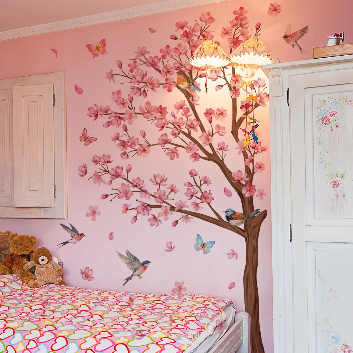 A set of three peach blossom, spring and bird wall stickers, Wall Decal for bedroom and living room background walls, home decoration stickers, Wall Art Stickers, Floral Pattern Sticker, Flower Design, Decorative Wall Sticker, self-adhesive M13555-KN