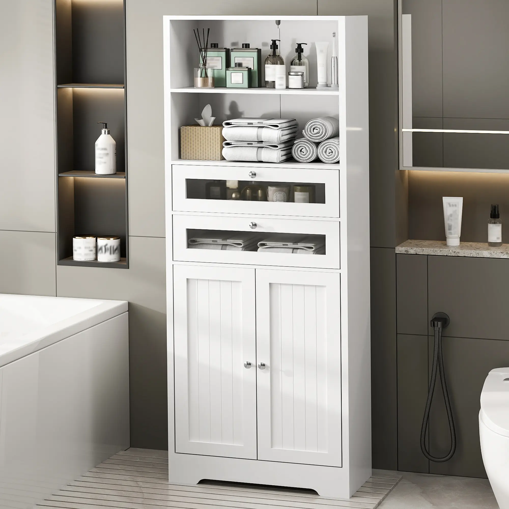 Topwin Tall Four-Door Bathroom Storage Cabinet – Modern Space-Saving Organizer for Bathroom Essentials
