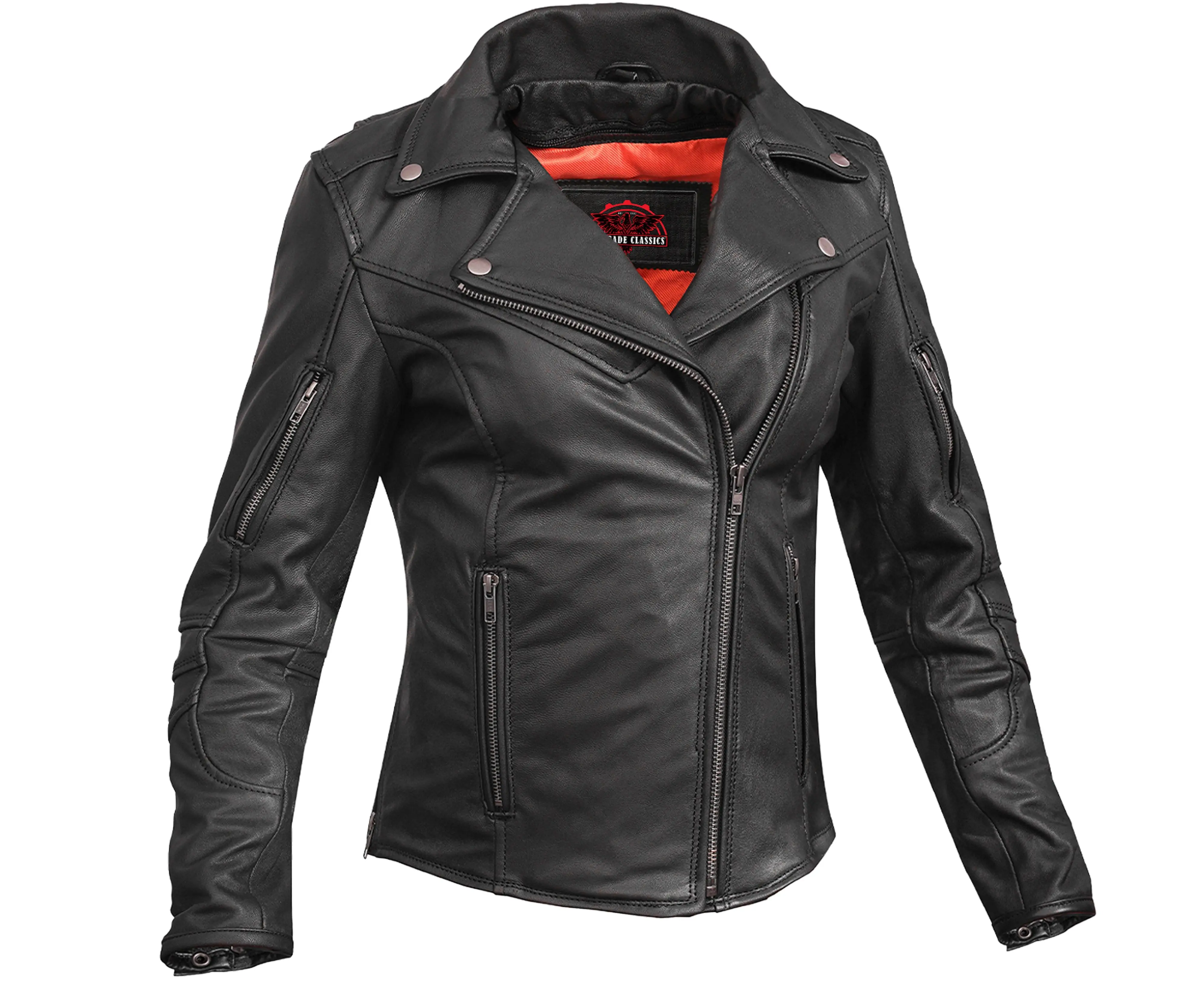 RENEGADE CLASSICS Women's Fitted Biker Goatskin Leather Motorcycle Jacket with Zip-Out Liner, Concealed Carry Pockets & Reflective Piping