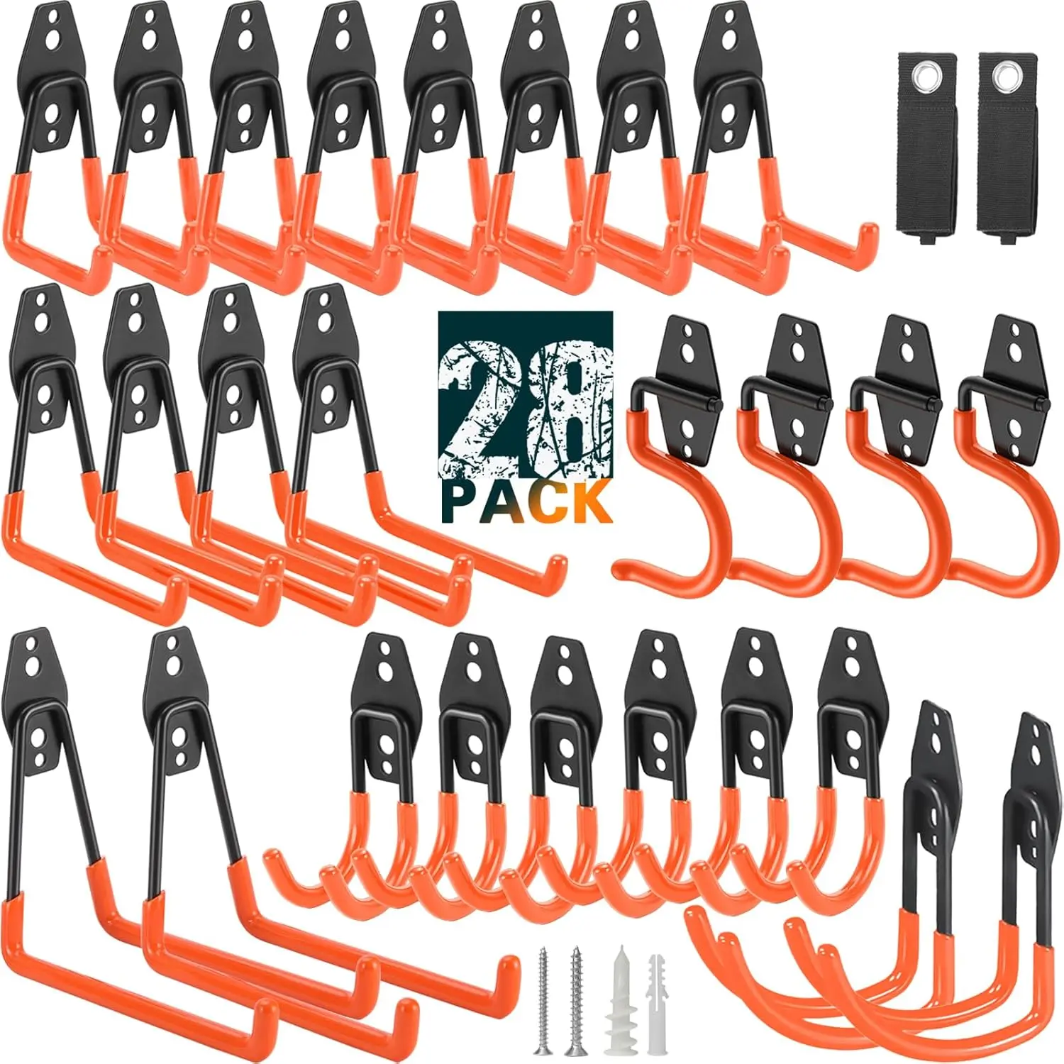 28-Pack Heavy-Duty Steel Garage Organiser Hooks, Durable Wall-Mounted Storage System with Anti-Slip Coating Hangers for Hanging Power Tools, Ladders, Bikes