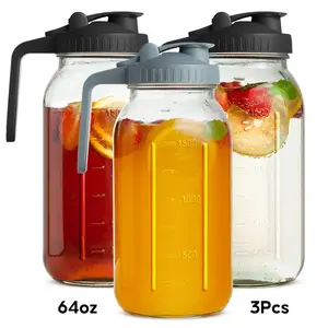 3-piece set of 64 oz heavy-duty wide-mouth glass cups, equipped with lids and straws, suitable for summer and winter drinks, iced coffee, juice, beer, perfect for household use, and can also be used as a water cup or bottle Drinkware Cover Insulated