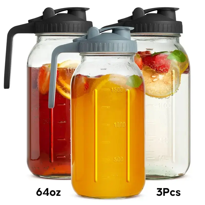 64 oz Wide-Neck Transparent Glass Bottle Set (3-Piece) - Heavy-Duty Reusable Drinkware with Washable Covers, Straws, Insulated Portable Cup - Durable Kitchenware for Home, Summer/Winter Beverages, Iced Coffee