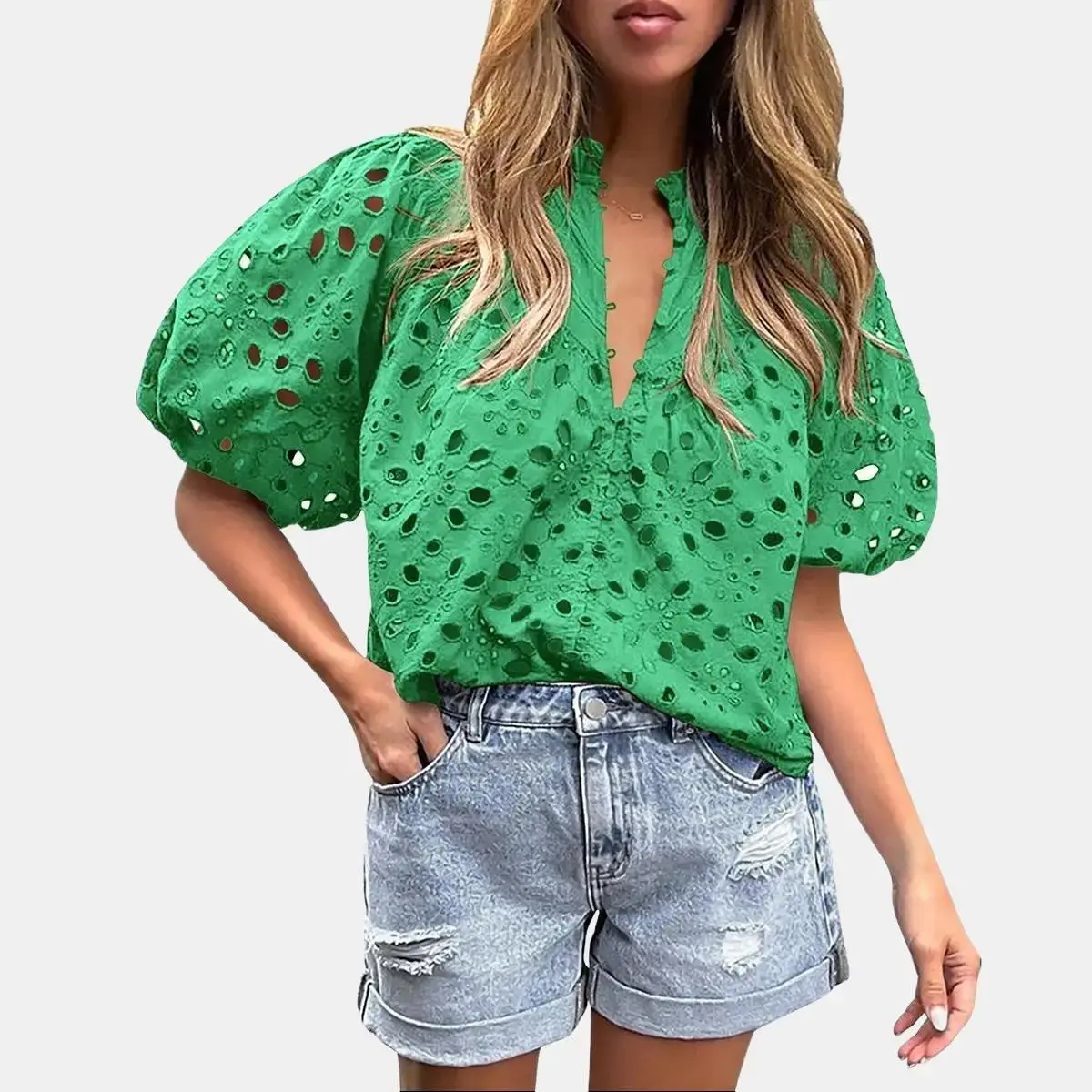 PrettyGarden Women's Summer Tops Dressy Casual Short Lantern Sleeve V Neck Buttons Hollow Out Lace Embroidered Blouses Shirts #backtoschool