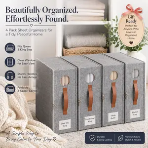 TRZZ Gift Box Sheet Organizer Set (4/8 Pack) – Foldable Linen Closet Storage Bins with Clear Window, Fits Queen & King Sheets, Bedding, Blankets & Comforters, Easy Closet Organization tiktokshopspringglowup Organizing #Household Essentials