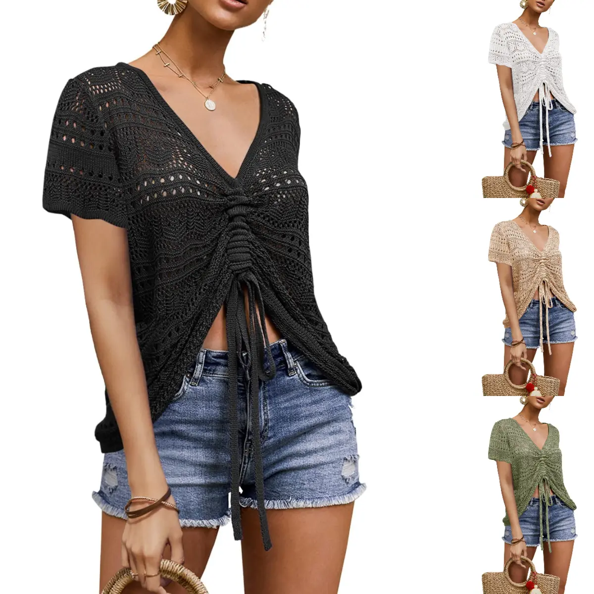 Goranbon Women's Crochet Oversized V-Neck Short Lace Beach Top, Adjustable Breathable Flowy Boho Crop Pullover Knit Shirt for Summer