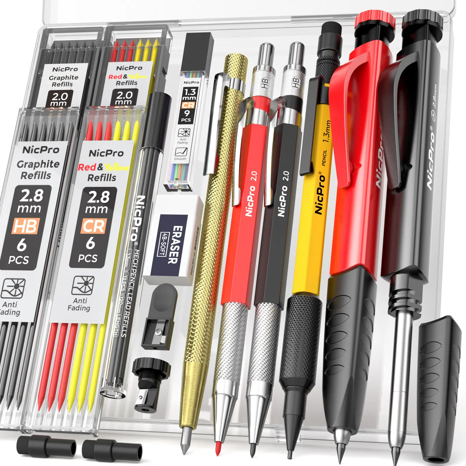 Nicpro 17 Pack Construction Pencil Set, Mechanical Carpenter Pencils with 57 Refills, Automatic Center Punch and Carbide Scribe Woodworking Tool, Heavy Duty Construction Pencils for Carpenters, Architect